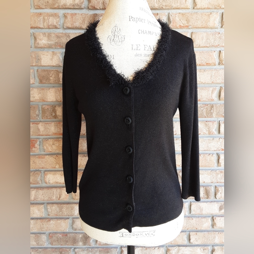 Sigrid Olsen Black Cardigan Sweater with Metallic Threading.